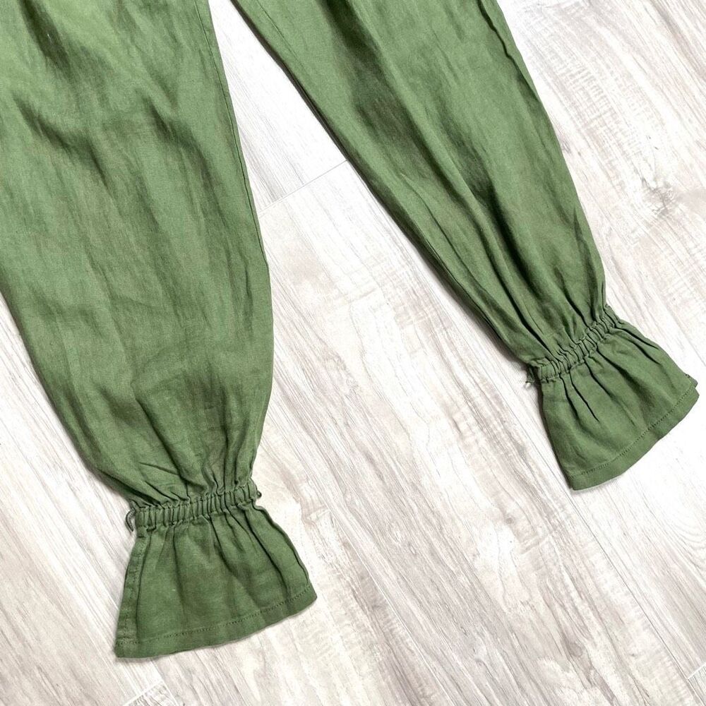 Anthropologie Ankle-Tie bell bottom 100% linen‎ pants Size 0 green - Picture 9 of 14